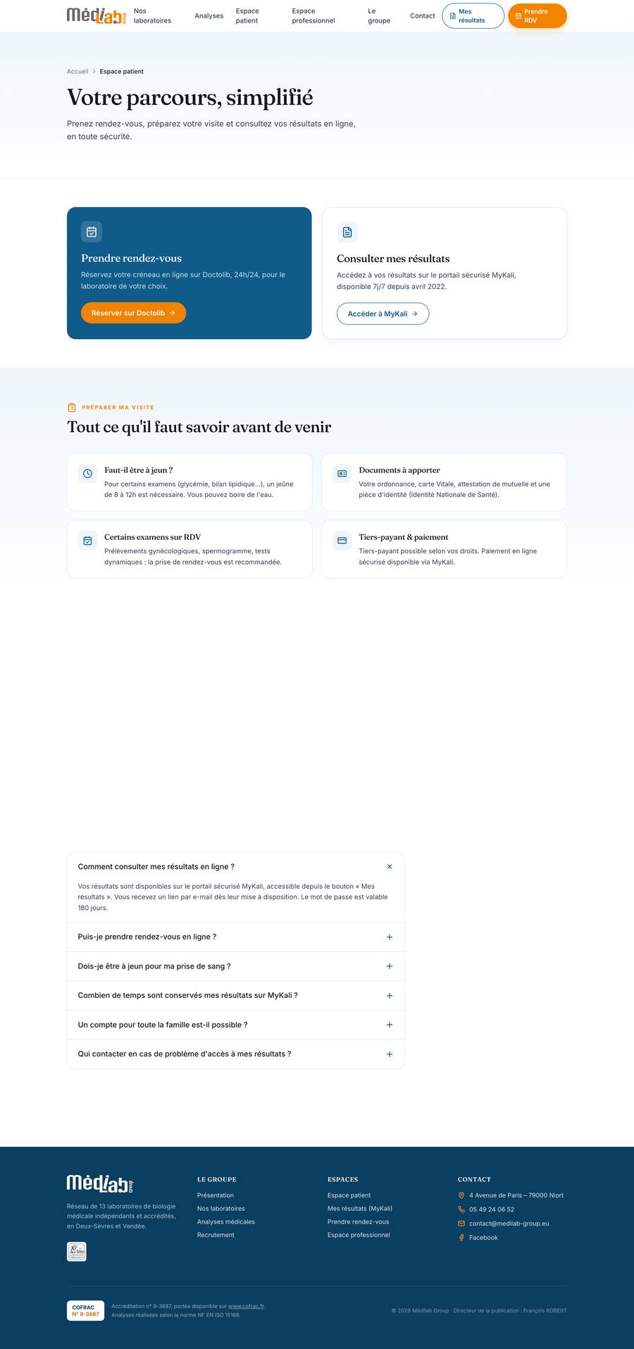 Médilab Group — Espace Patient (desktop), rebuilt